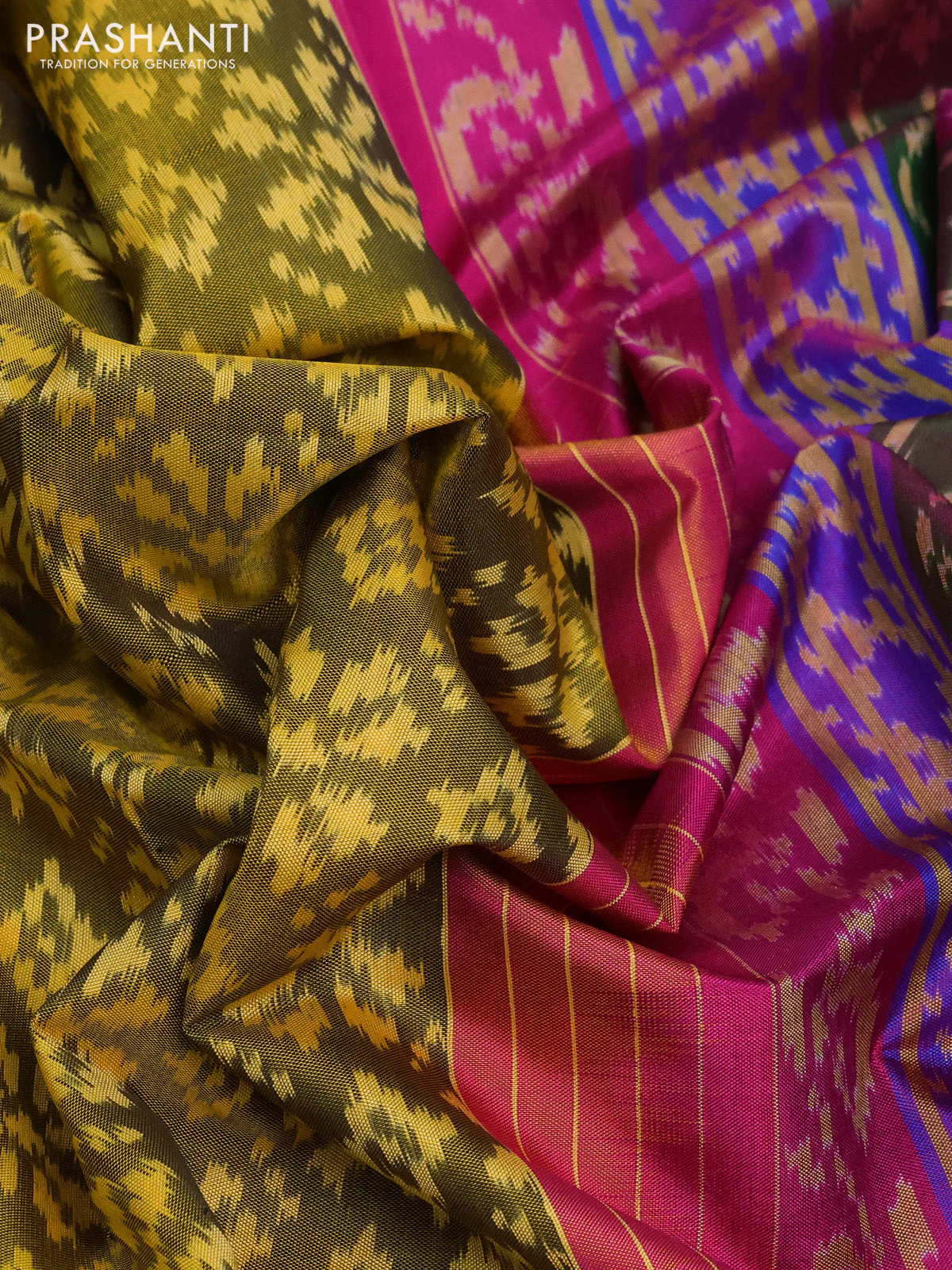 Rajkot patola silk saree mehendi green and pink with allover ikat weaves and ikat woven zari border - Image 3