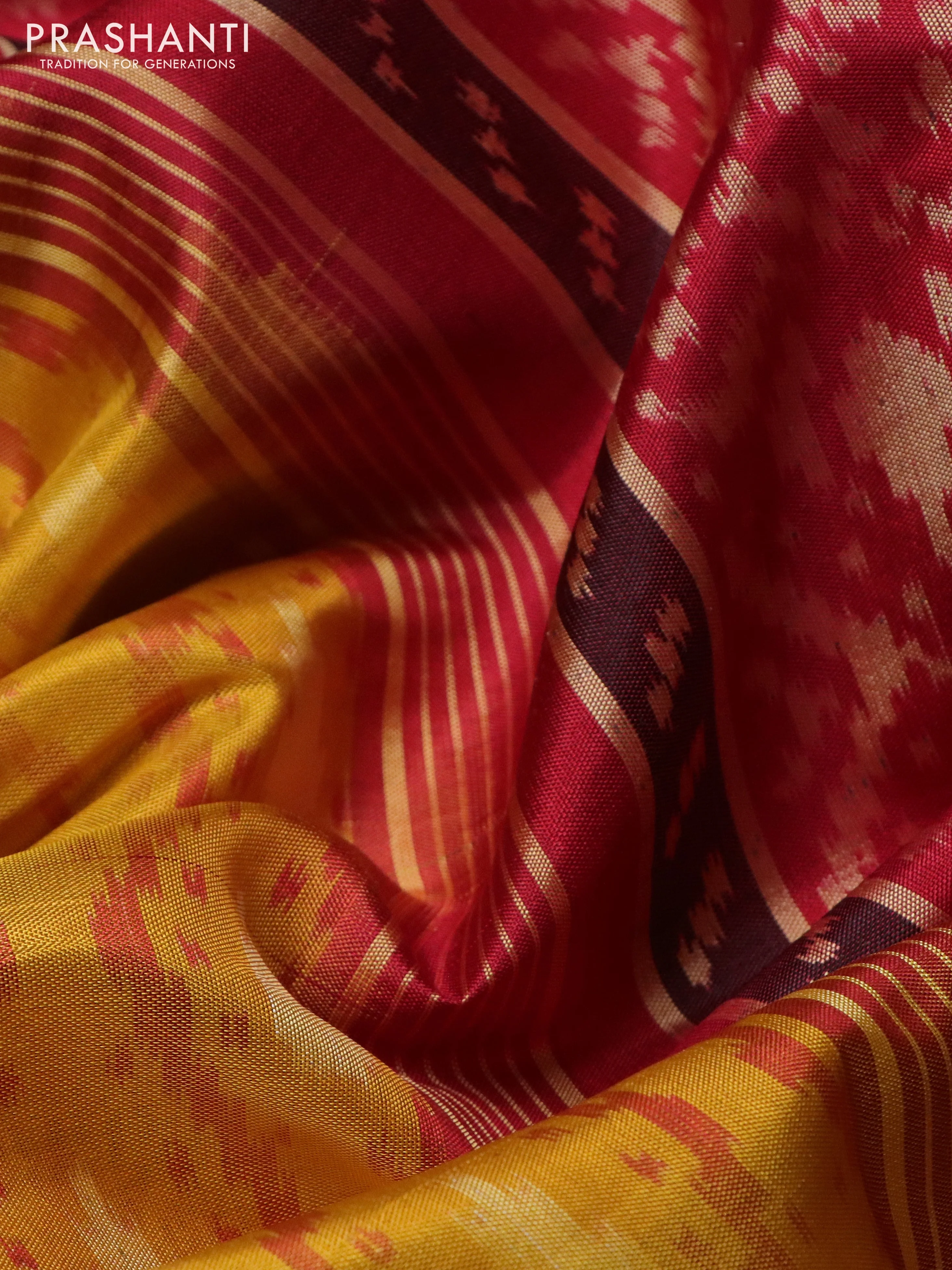 Rajkot patola silk saree mustard yellow and red with allover ikat weaves and zari woven border - Image 3