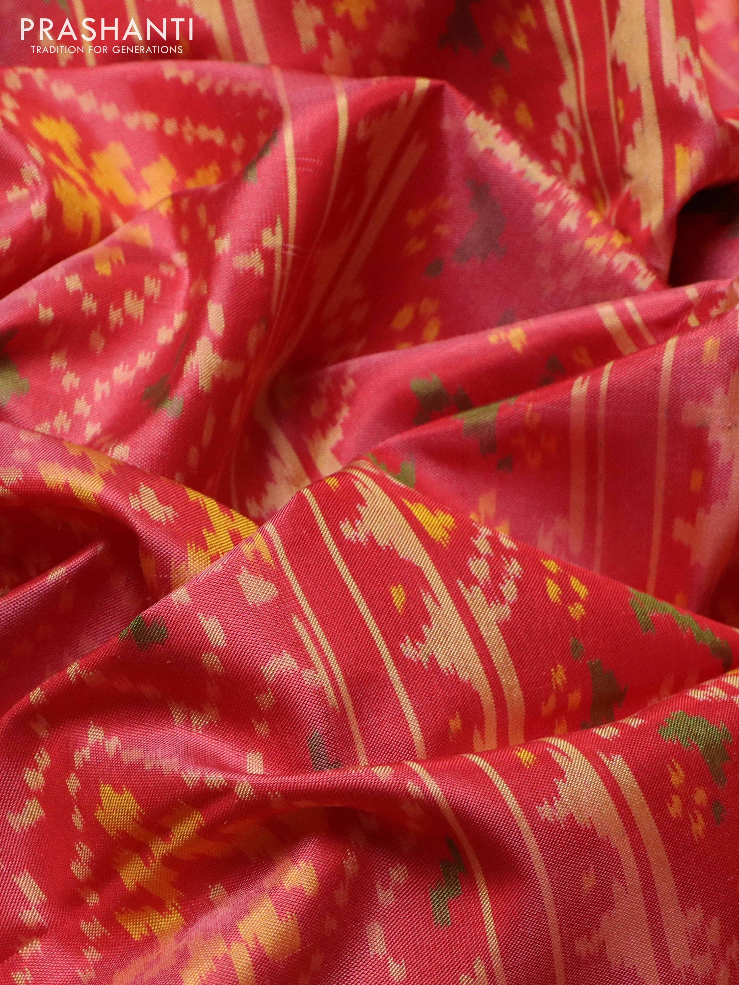 Rajkot patola silk saree peach pink shade with allover ikat weaves and ikat woven border - Image 3