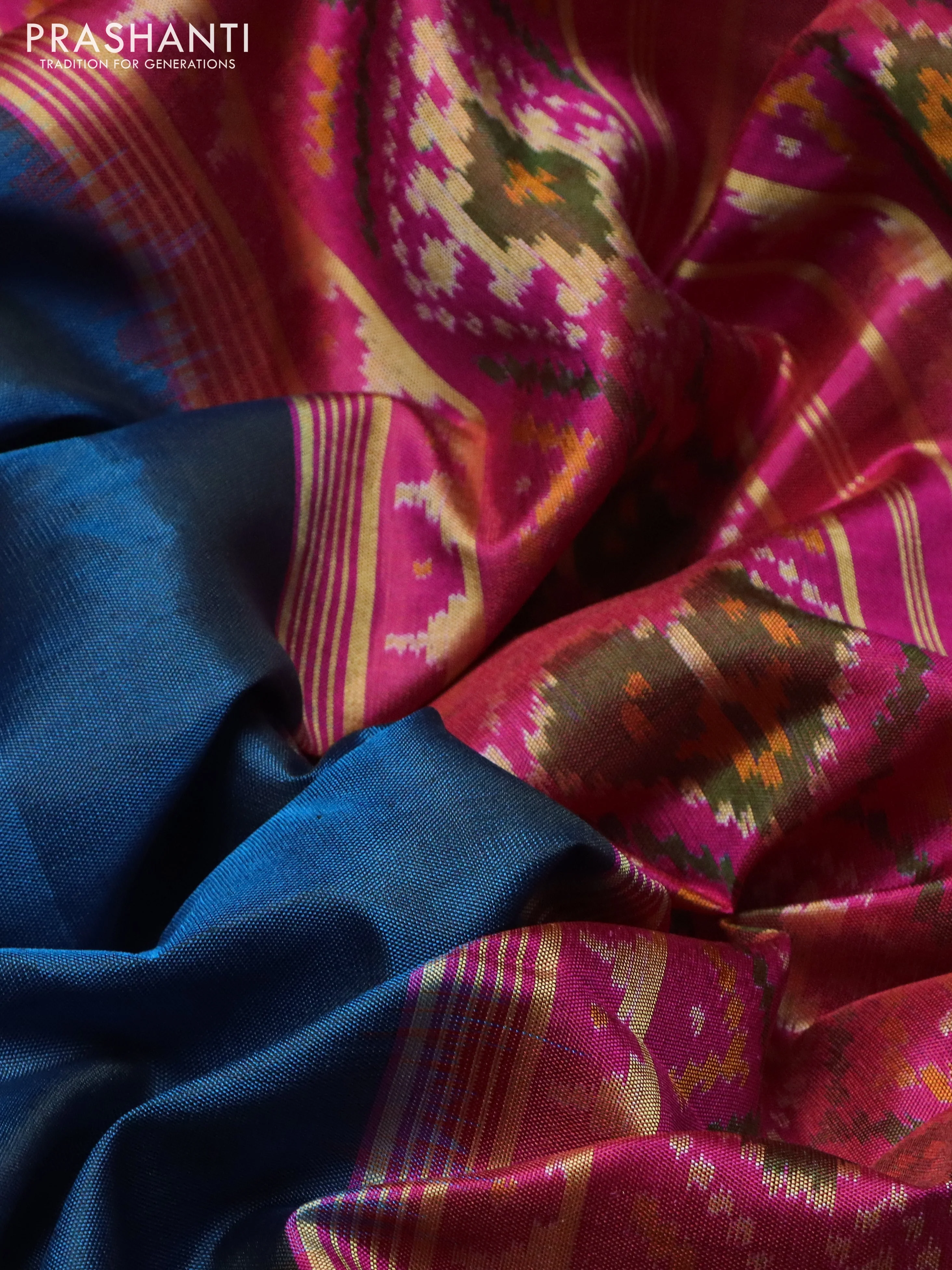 Rajkot patola silk saree peacock blue and pink with plain body and long ikat woven zari border - Image 3
