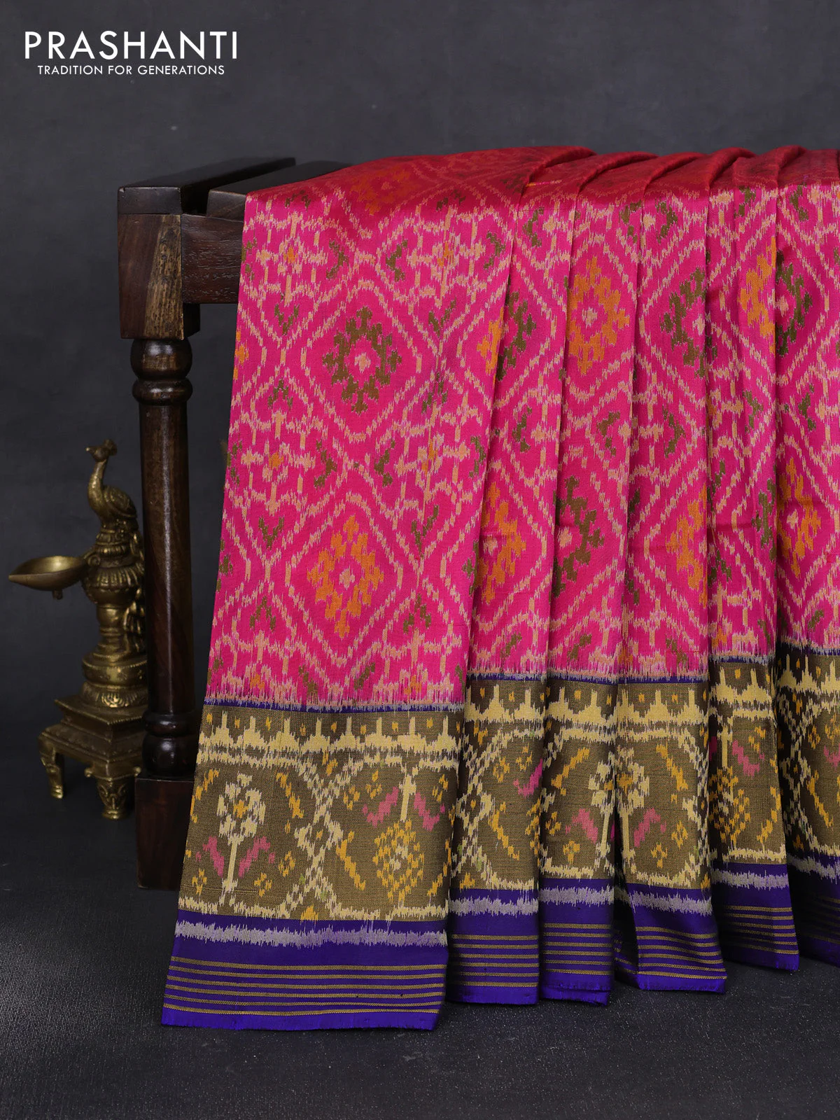 Rajkot patola silk saree pink and blue with allover ikat weaves and ikat woven border