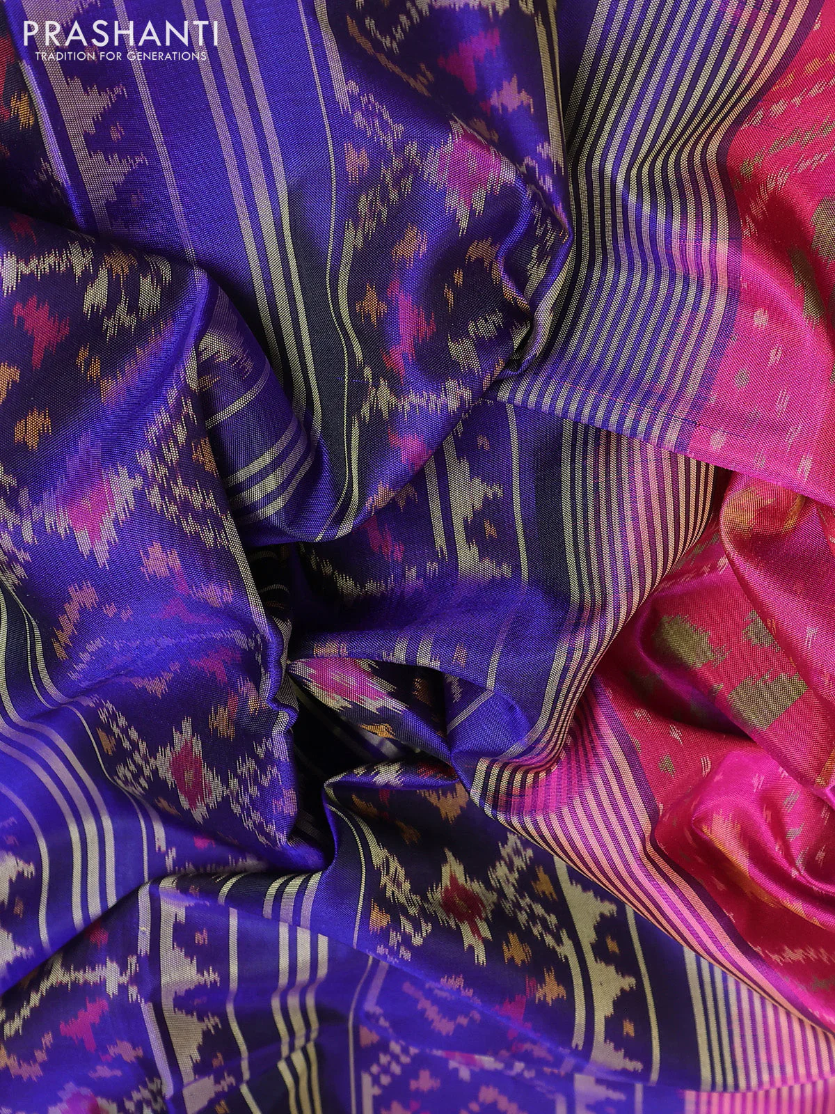 Rajkot patola silk saree pink and blue with allover ikat weaves and ikat woven zari border - Image 3