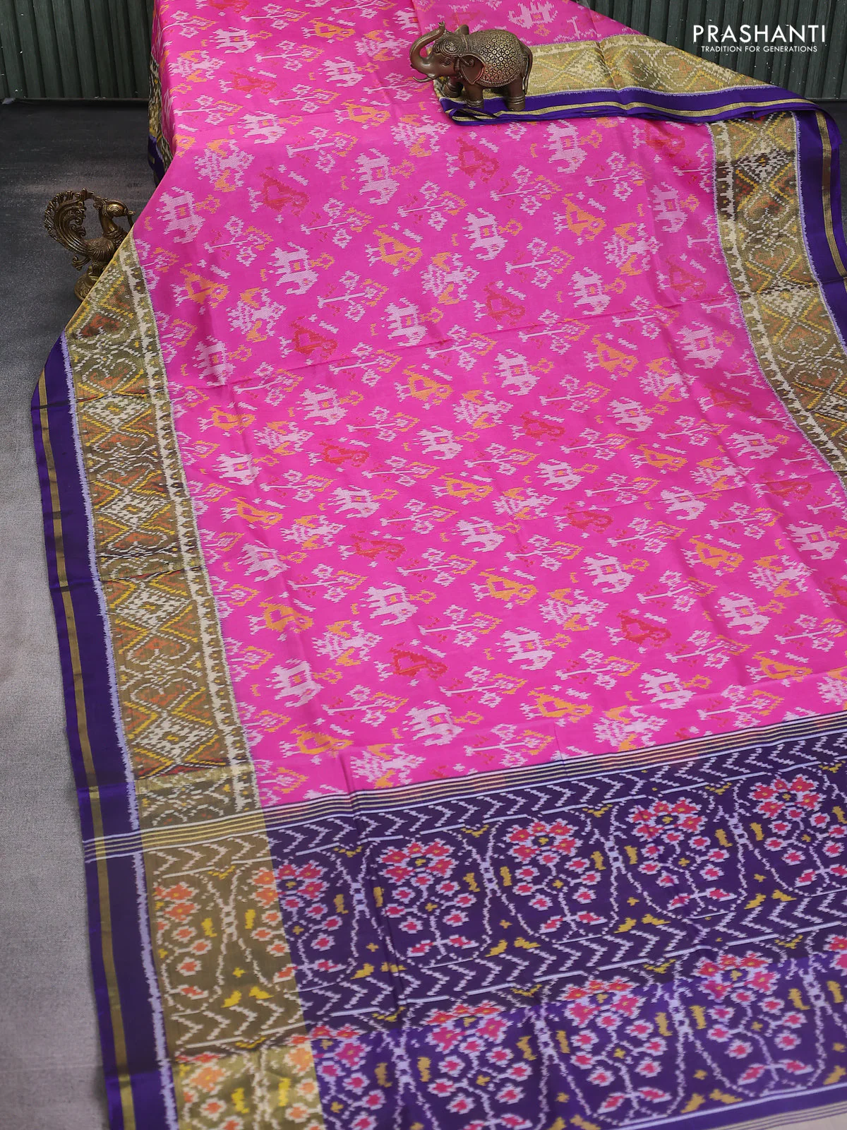Rajkot patola silk saree pink and blue with allover ikat weaves and ikat woven zari border - Image 2