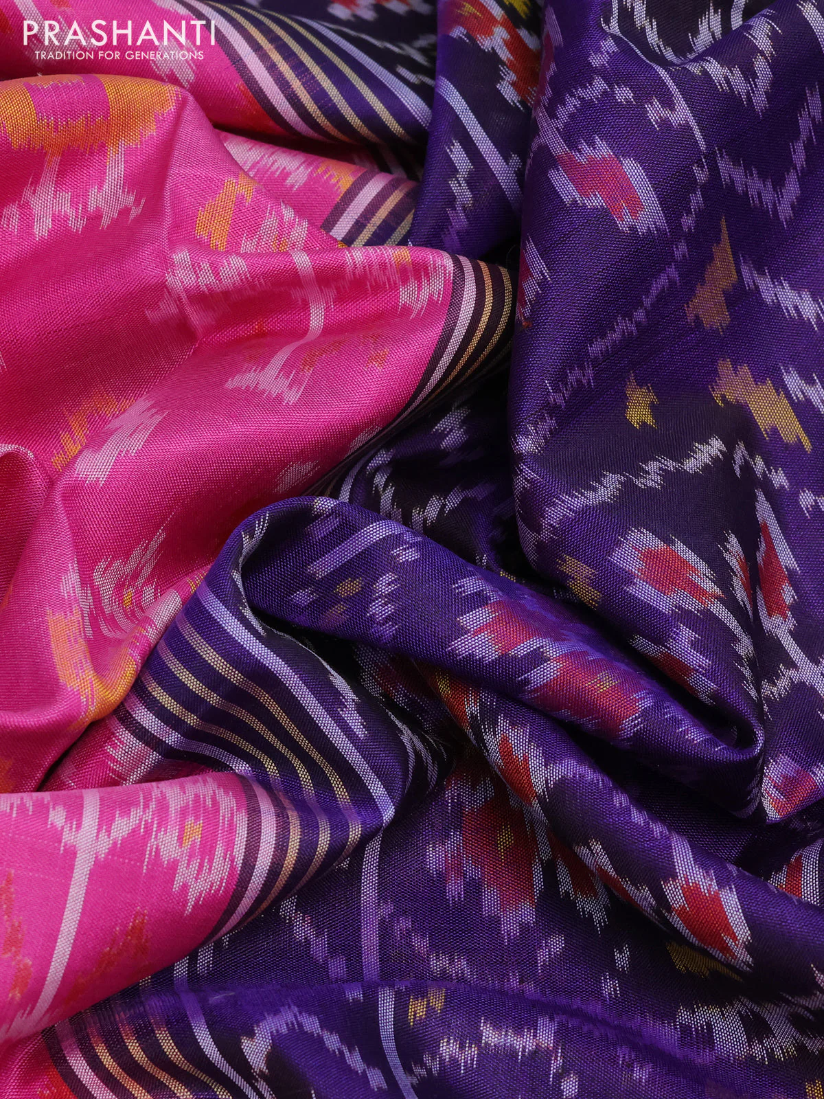 Rajkot patola silk saree pink and blue with allover ikat weaves and ikat woven zari border - Image 3