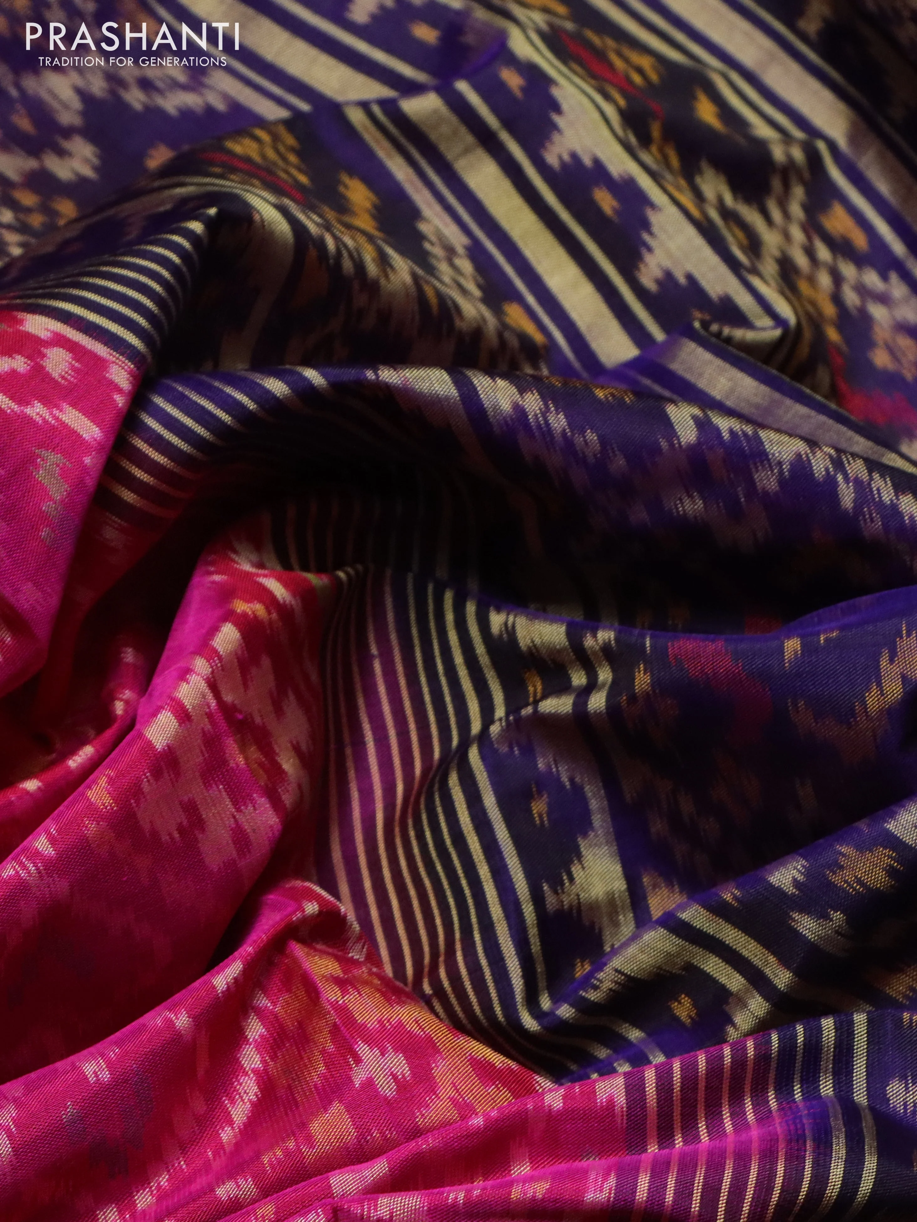 Rajkot patola silk saree pink and dark violet with allover ikat weaves and ikat woven border - Image 3