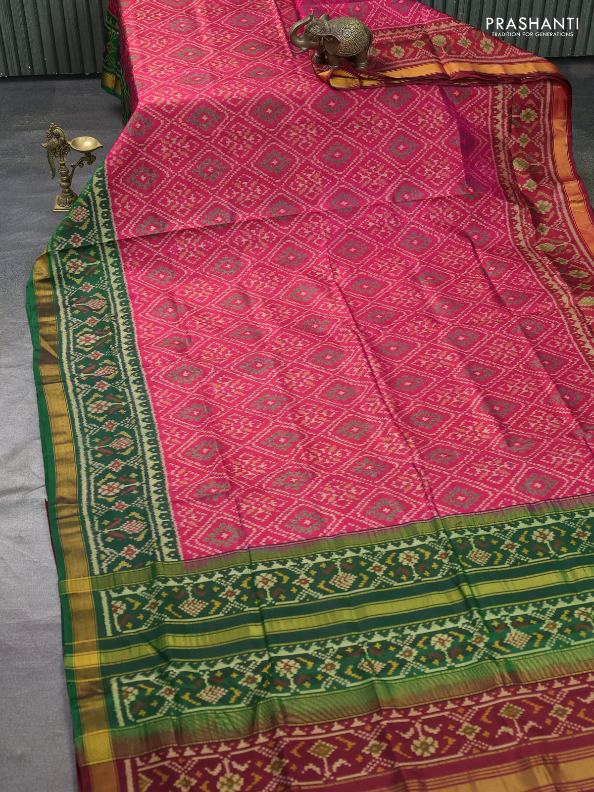 Rajkot patola silk saree pink and green maroon with allover ikat weaves and ganga jamuna border - Image 2