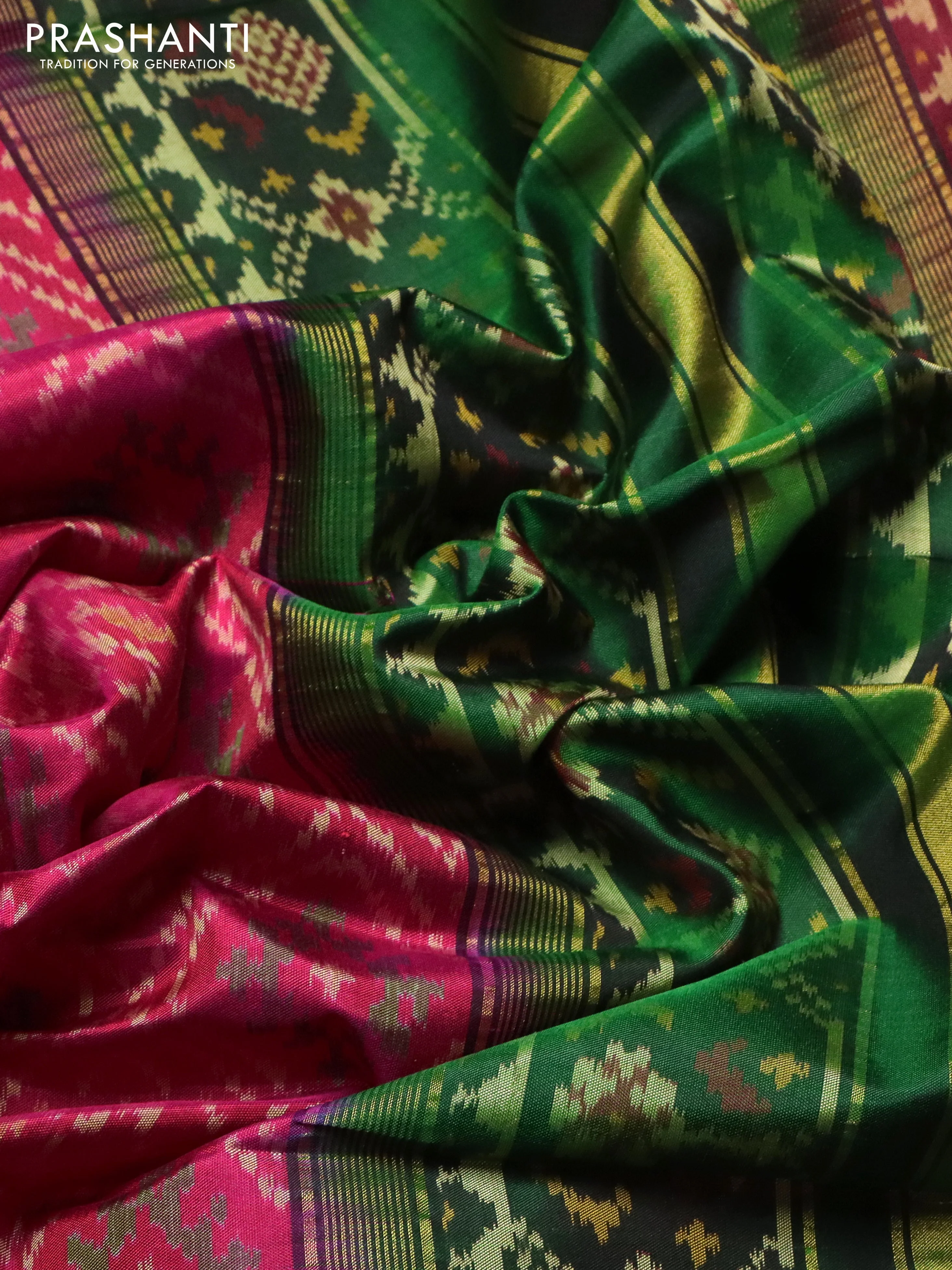 Rajkot patola silk saree pink and green maroon with allover ikat weaves and ganga jamuna border - Image 3