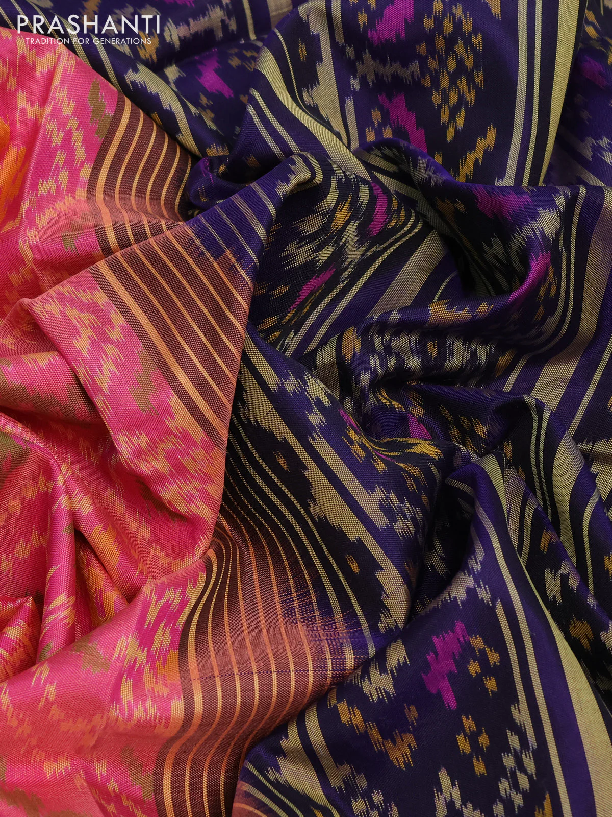 Rajkot patola silk saree pink and navy blue with allover ikat weaves and ikat woven border - Image 3