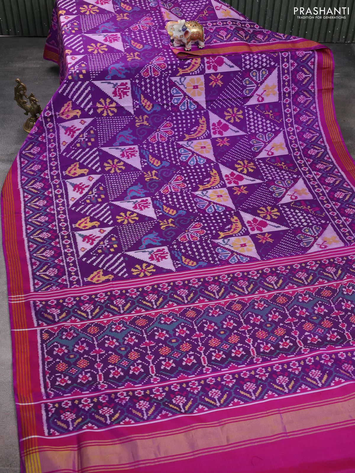Rajkot patola silk saree purple and magenta pink with allover ikat weaves and ikat woven border - Image 2