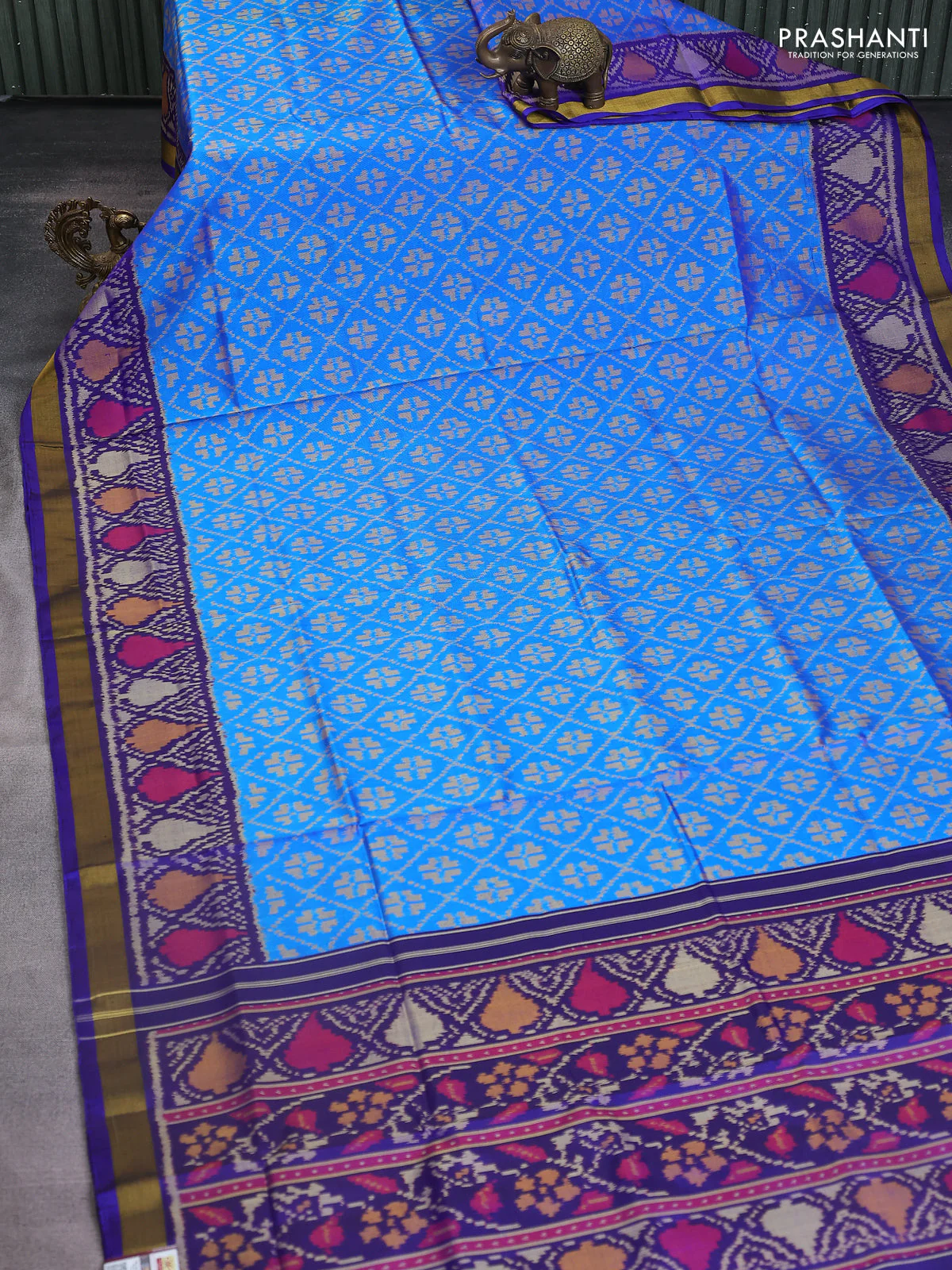 Rajkot patola silk saree teal blue and blue with allover ikat weaves and ikat woven border - Image 2