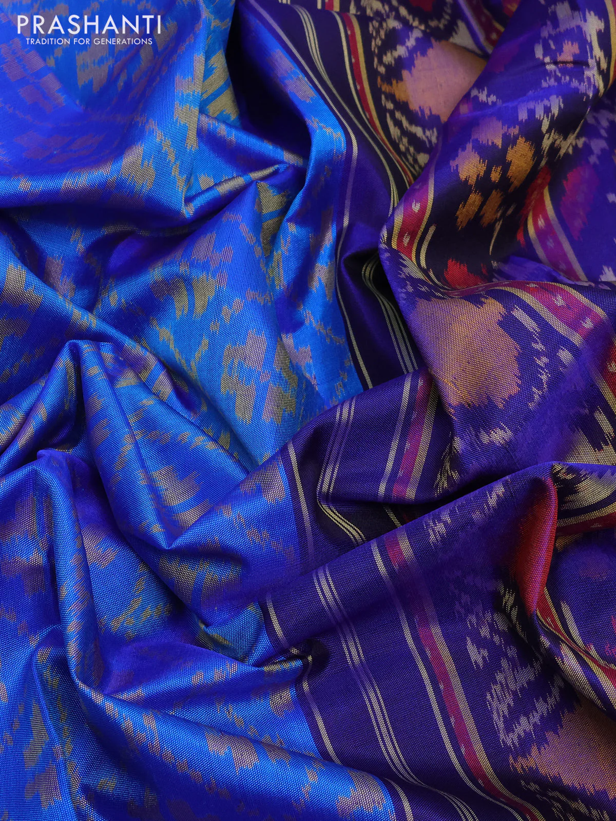 Rajkot patola silk saree teal blue and blue with allover ikat weaves and ikat woven border - Image 3