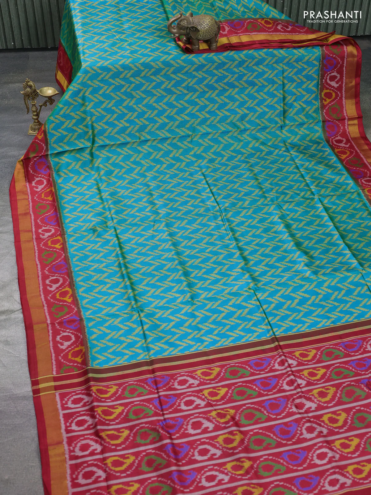Rajkot patola silk saree teal blue and maroon with allover ikat weaves and ikat woven border - Image 2