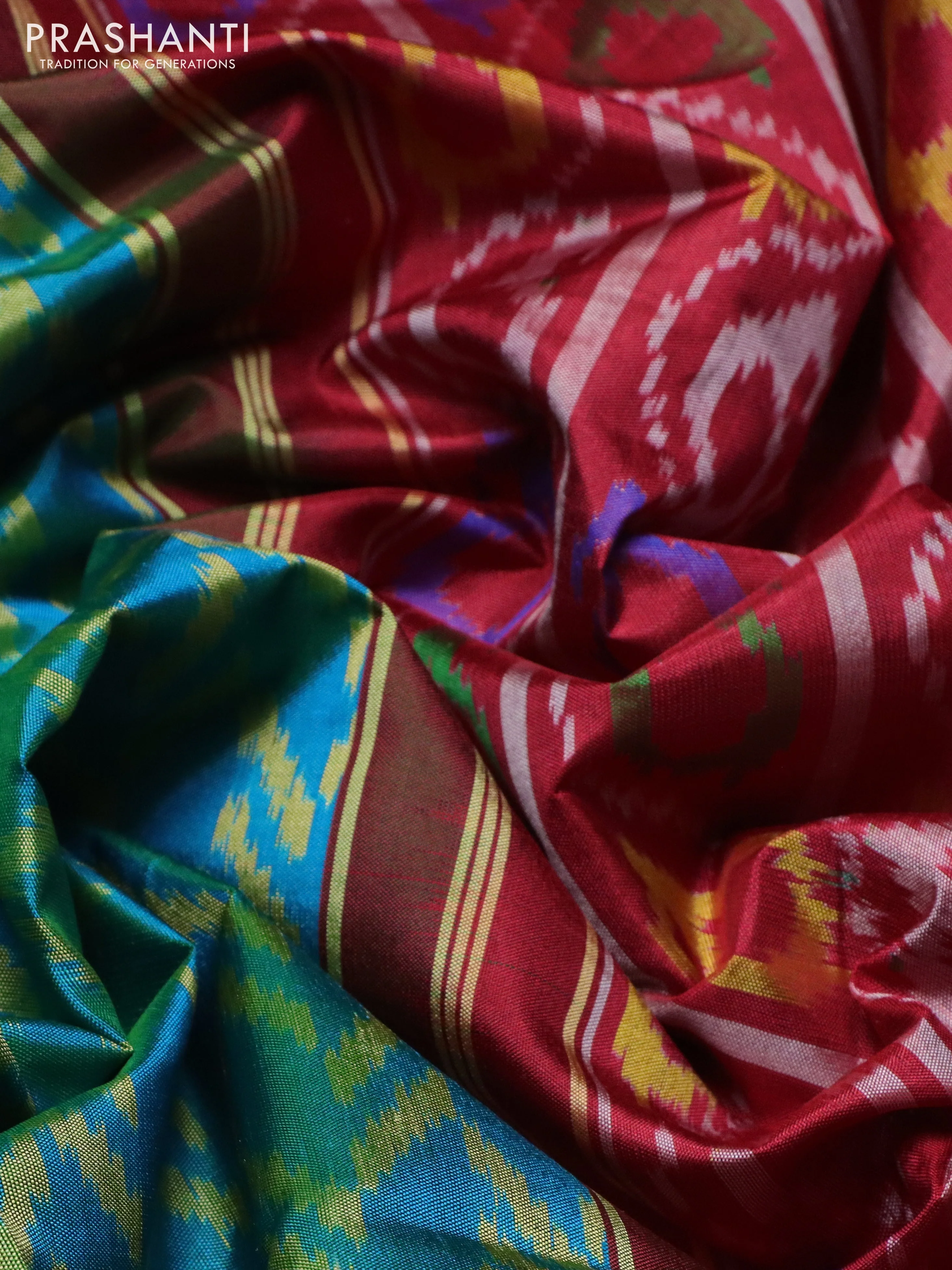 Rajkot patola silk saree teal blue and maroon with allover ikat weaves and ikat woven border - Image 3