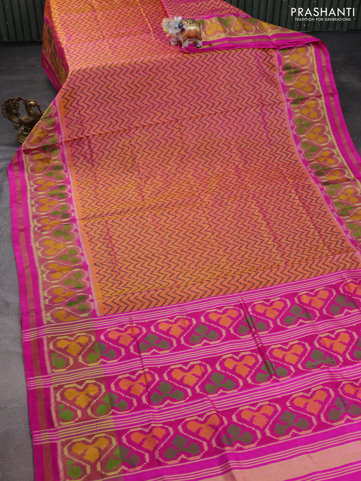 Rajkot patola silk saree yellow and pink with allover ikat weaves and zari woven border - Image 2