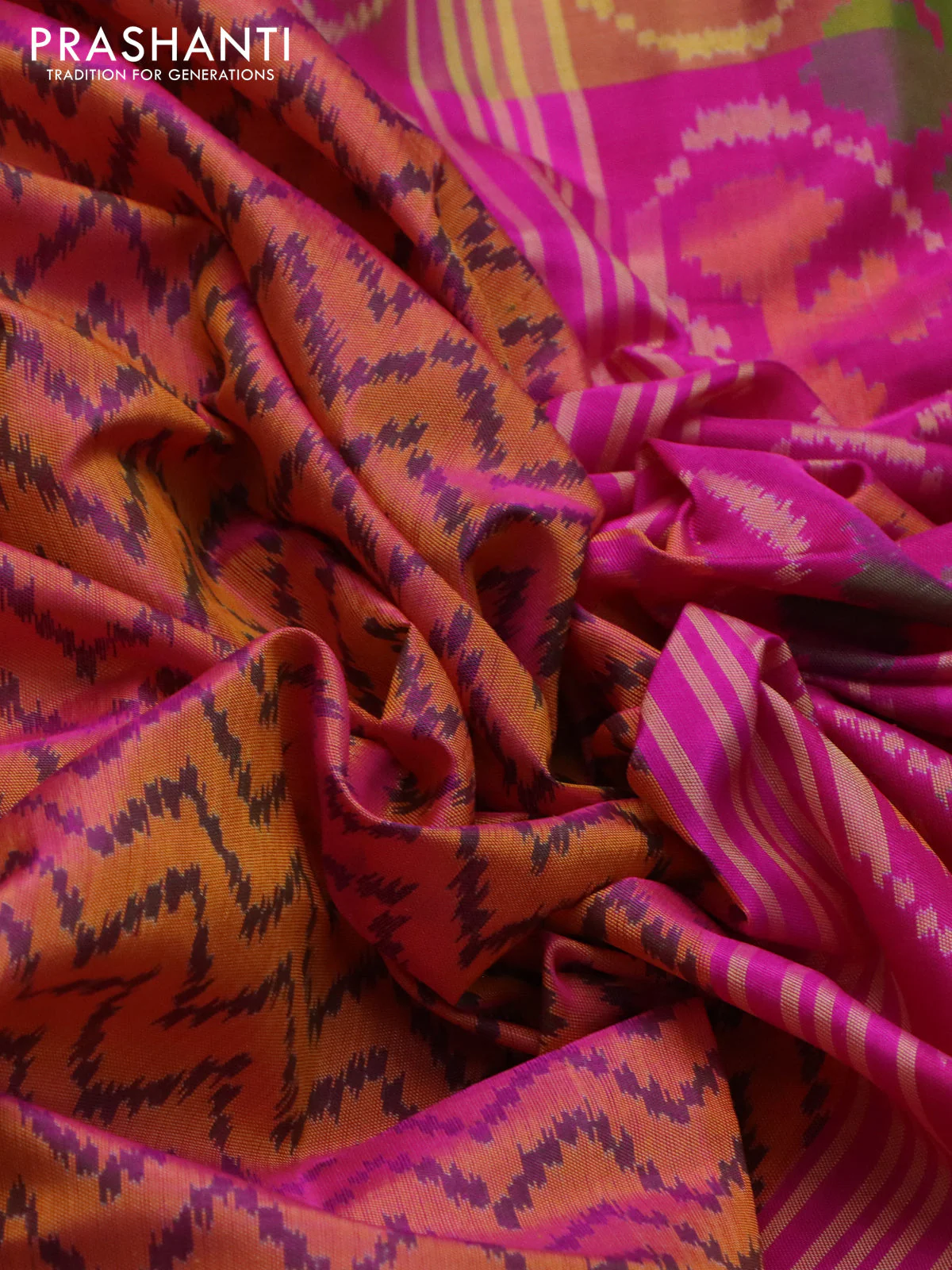 Rajkot patola silk saree yellow and pink with allover ikat weaves and zari woven border - Image 3