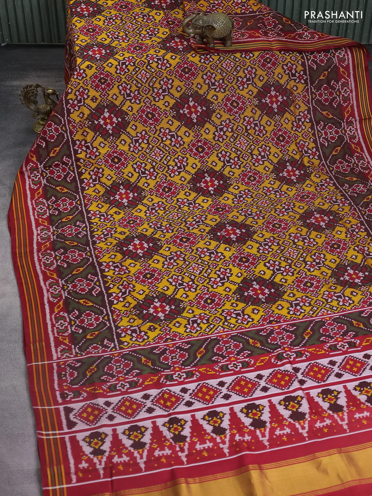 Rajkot patola silk saree yellow and red with allover ikat weaves and long ikat woven border - Image 2