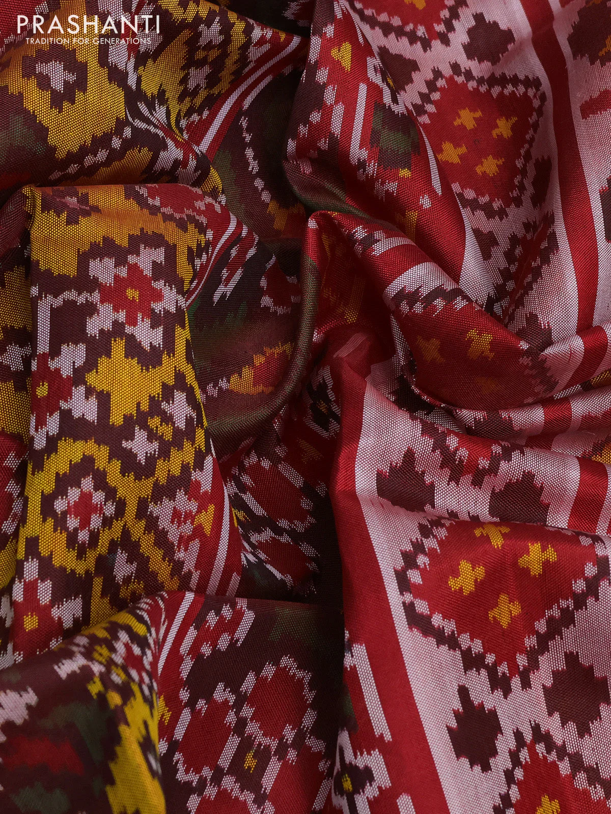 Rajkot patola silk saree yellow and red with allover ikat weaves and long ikat woven border - Image 3