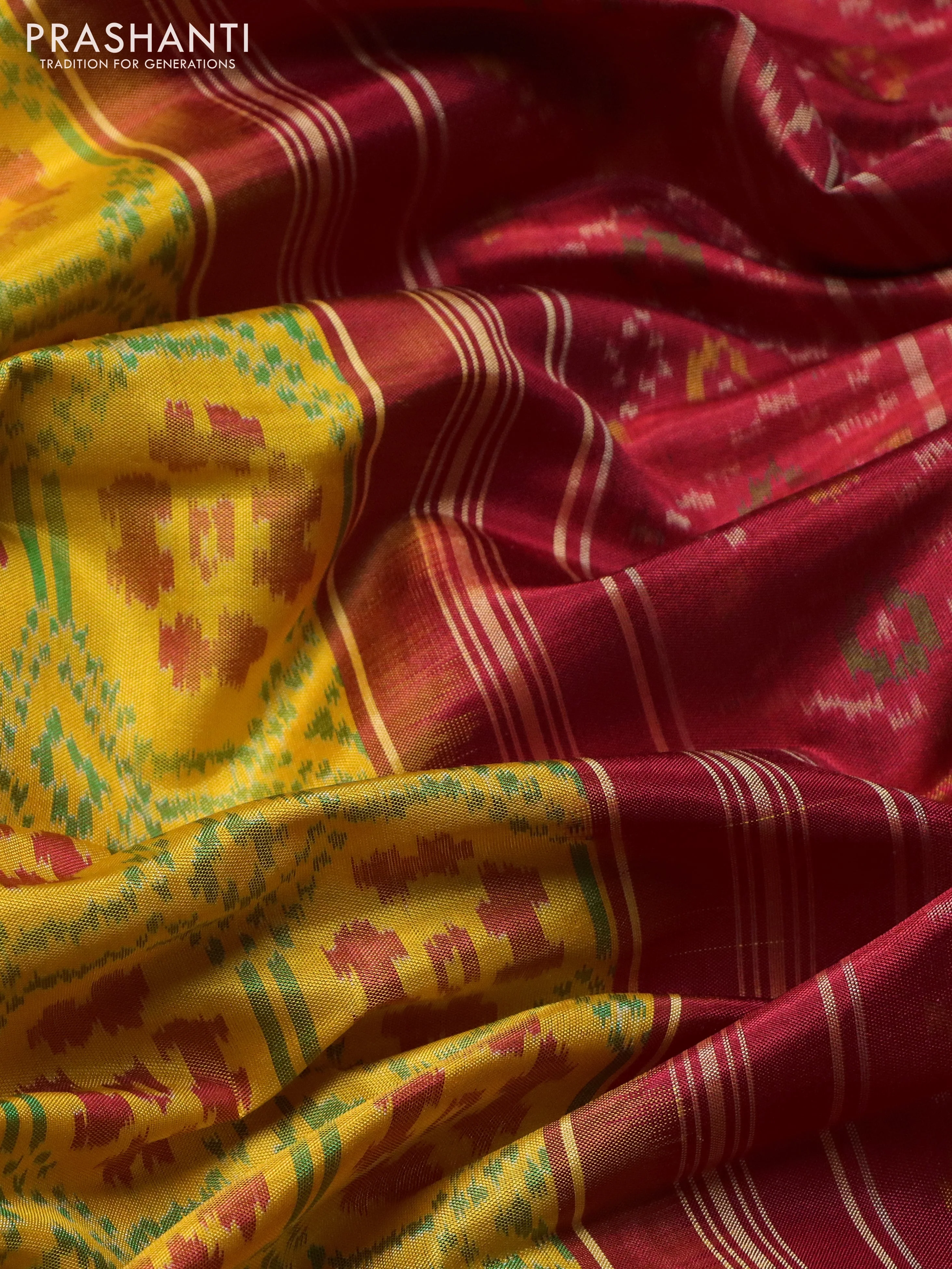 Rajkot patola silk saree yellow and red with allover ikat weaves and long ikat woven zari border - Image 3