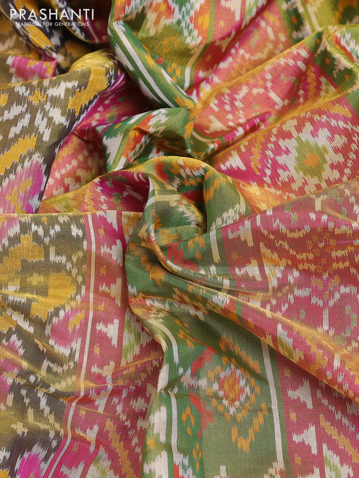Rajkot patola tissue silk saree mehendi green and pink with allover ikat weaves and ikat woven zari border - Image 3