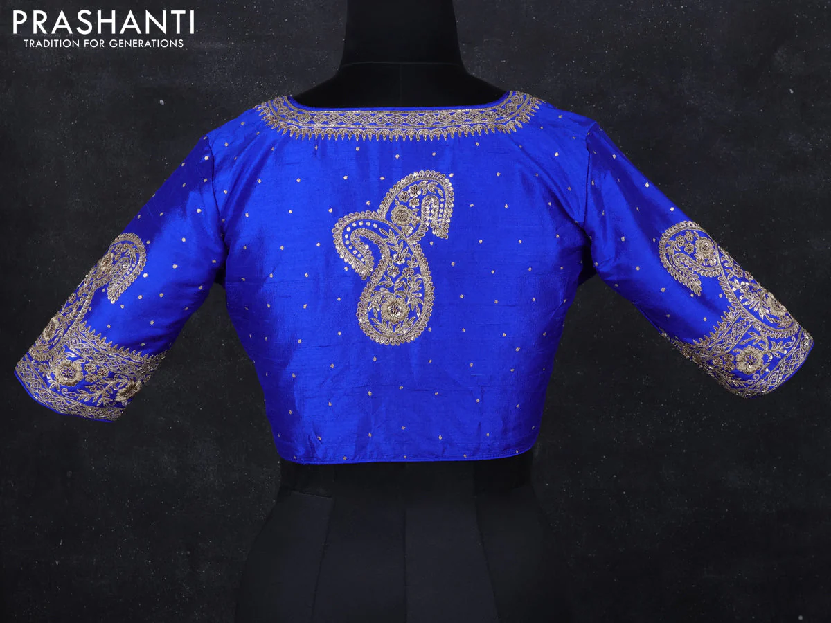 Raw silk readymade blouse blue with aari work - Image 2