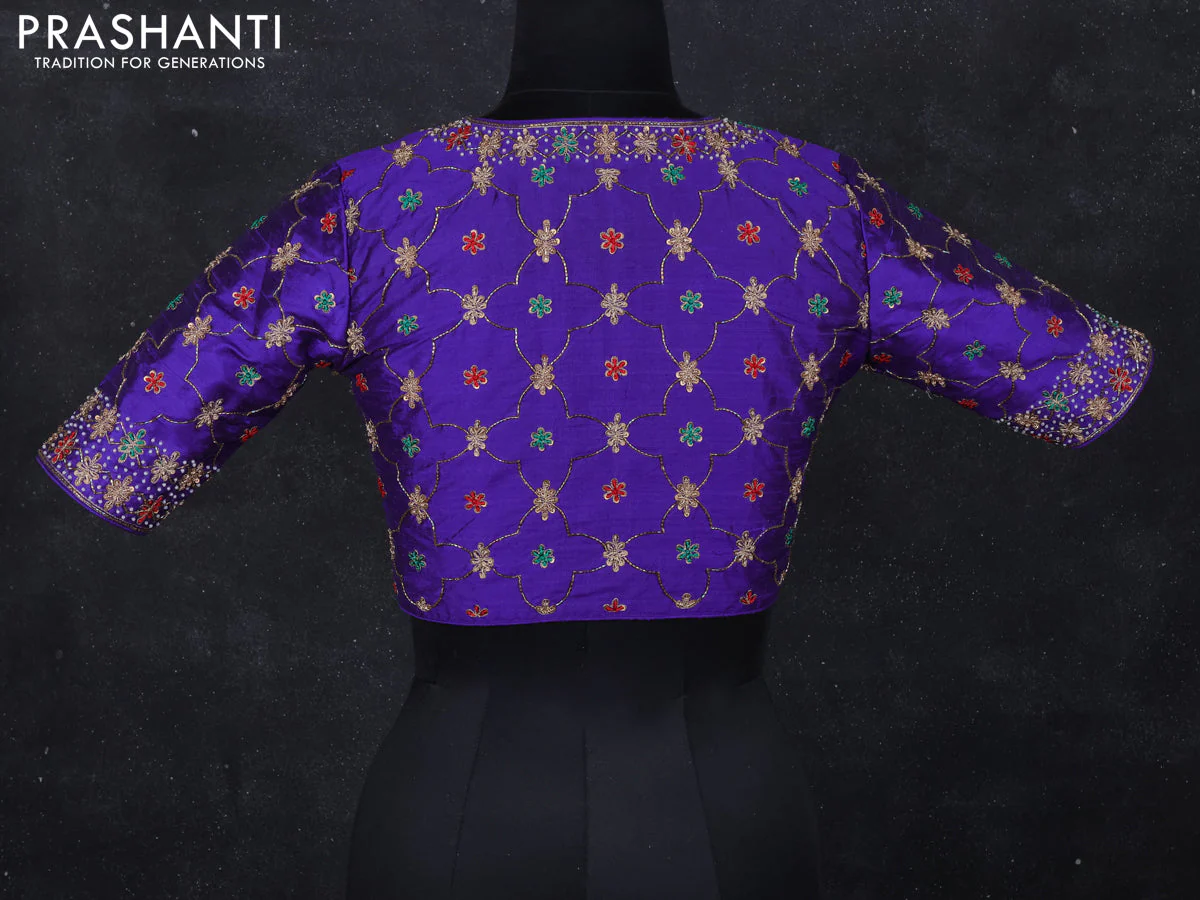 Raw silk readymade blouse blue with aari work - Image 2
