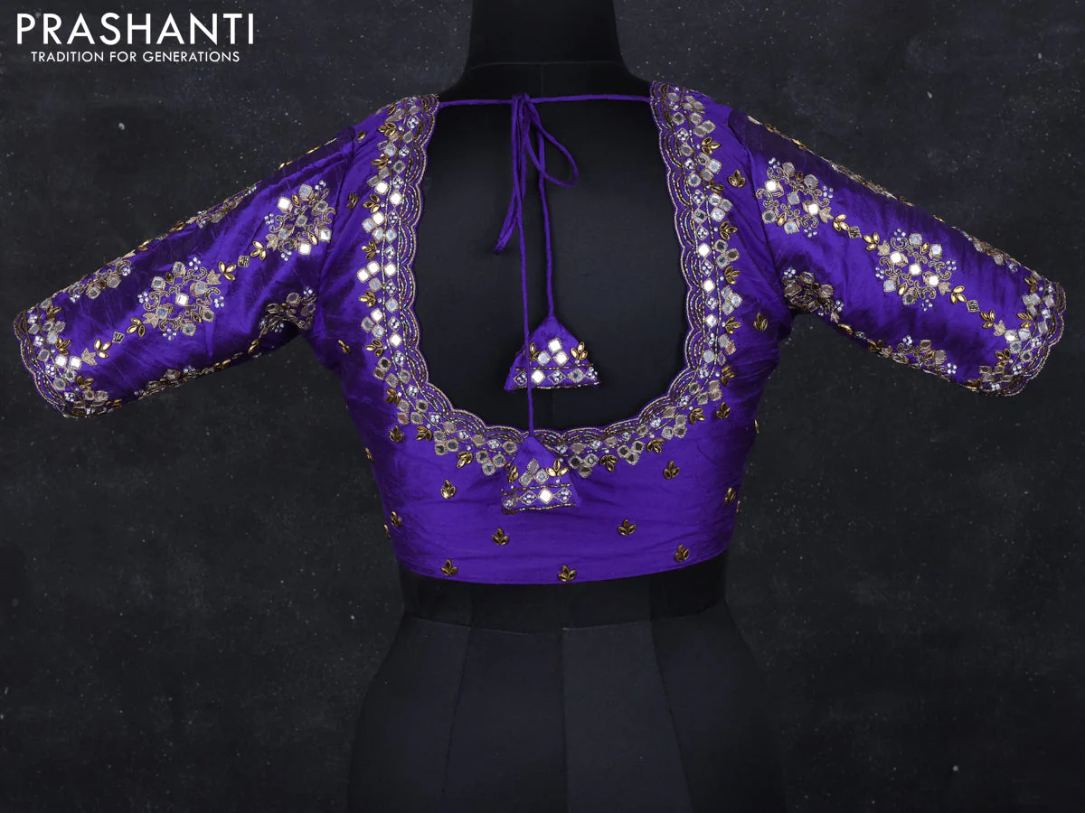 Raw silk readymade blouse blue with mirror & zardosi work - Image 2