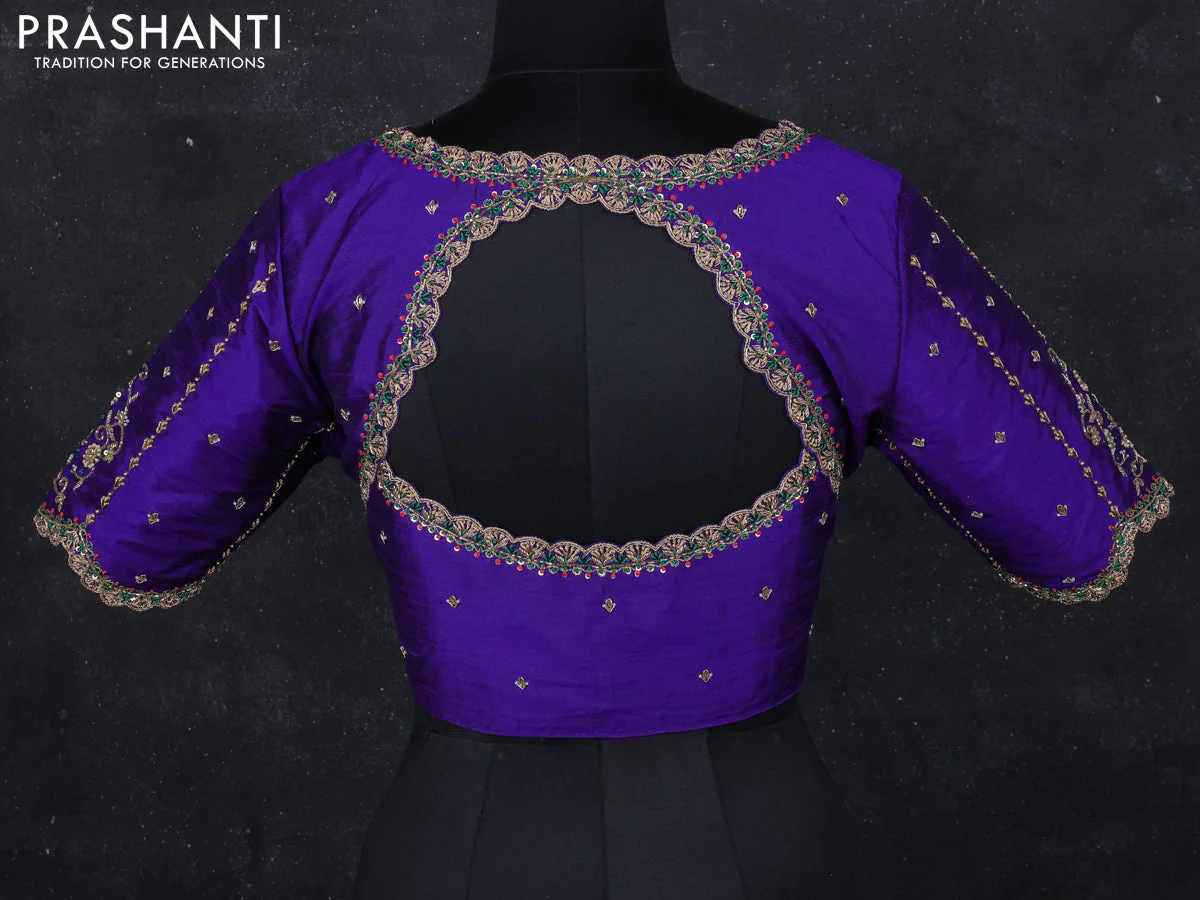 Raw silk readymade blouse blue with zardosi work - Image 2