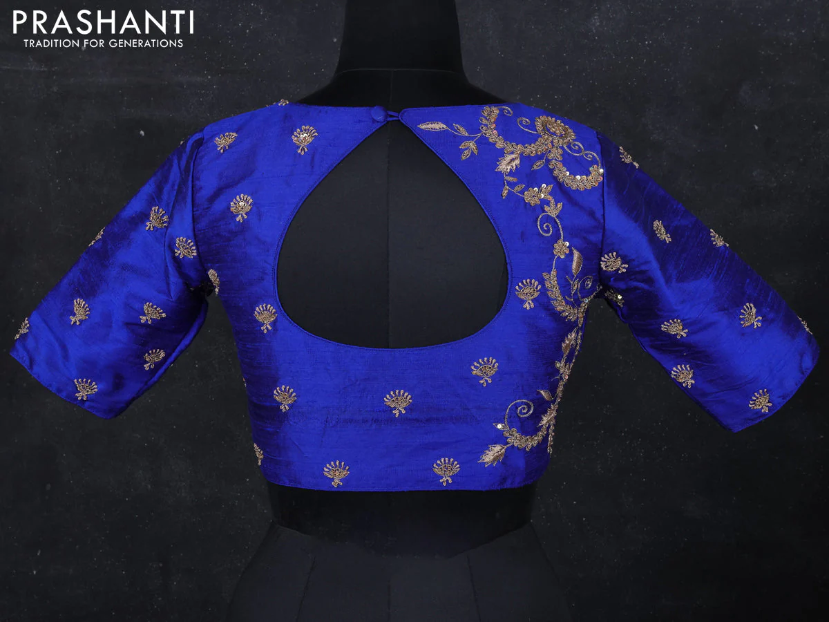 Raw silk readymade blouse blue with zardosi work - Image 2