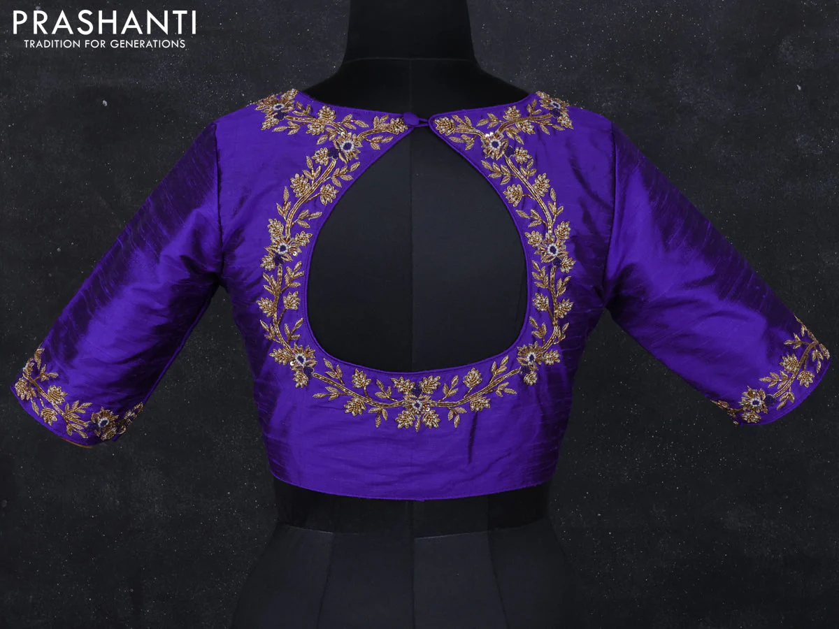 Raw silk readymade blouse blue with zardosi work - Image 2