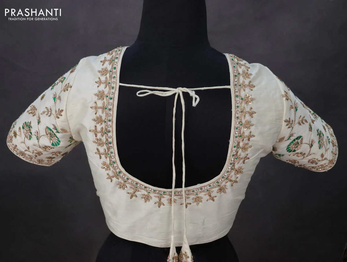Raw silk readymade blouse cream with zardosi work and back knot - Image 2