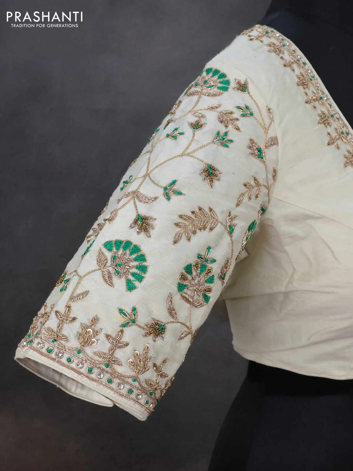 Raw silk readymade blouse cream with zardosi work and back knot - Image 3