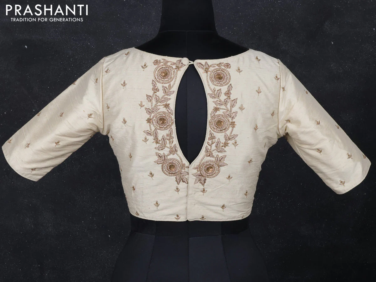 Raw silk readymade blouse cream with zardosi work - Image 2