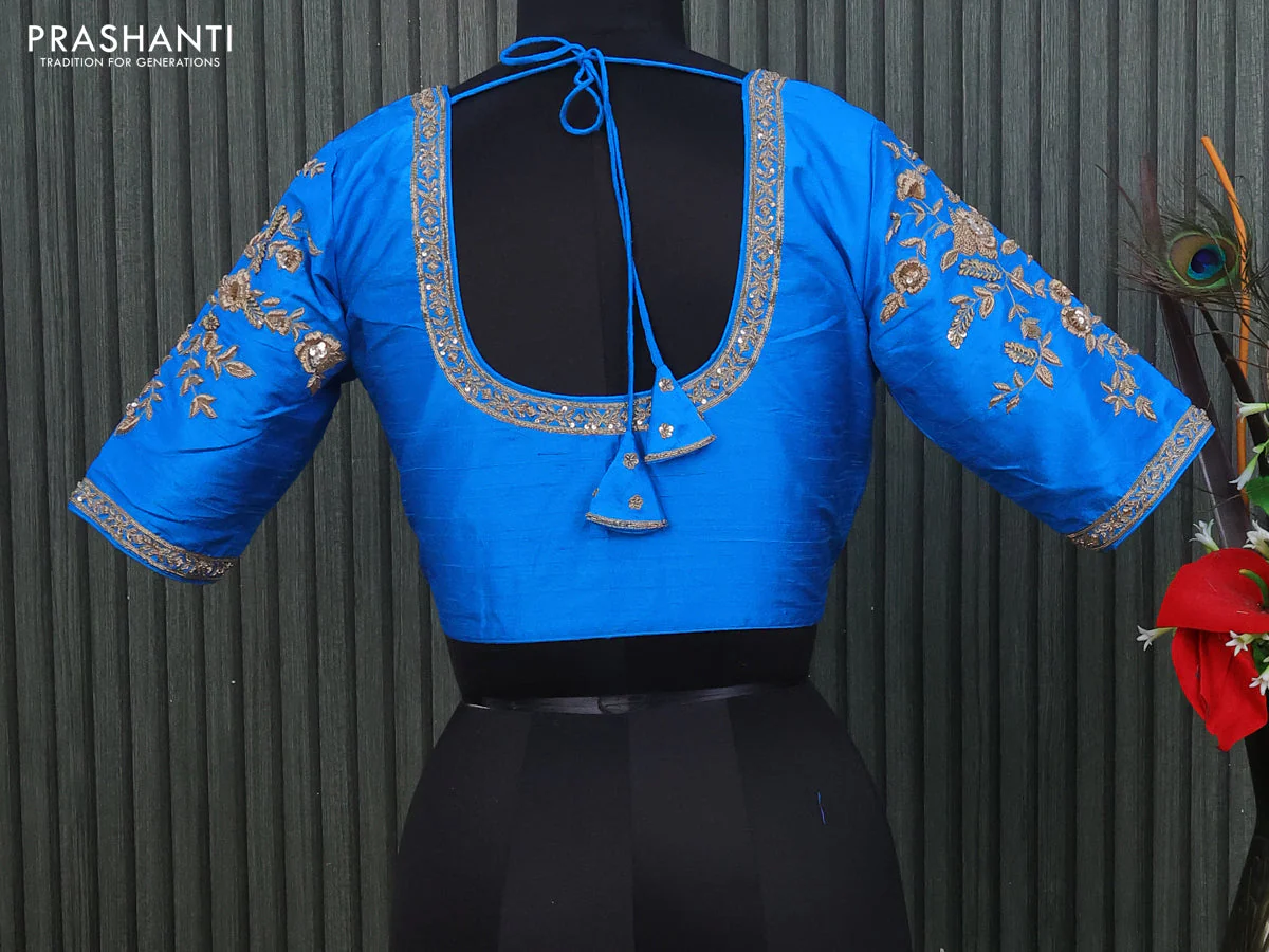 Raw silk readymade blouse cs blue with allover zardosi work and back knot - Image 2