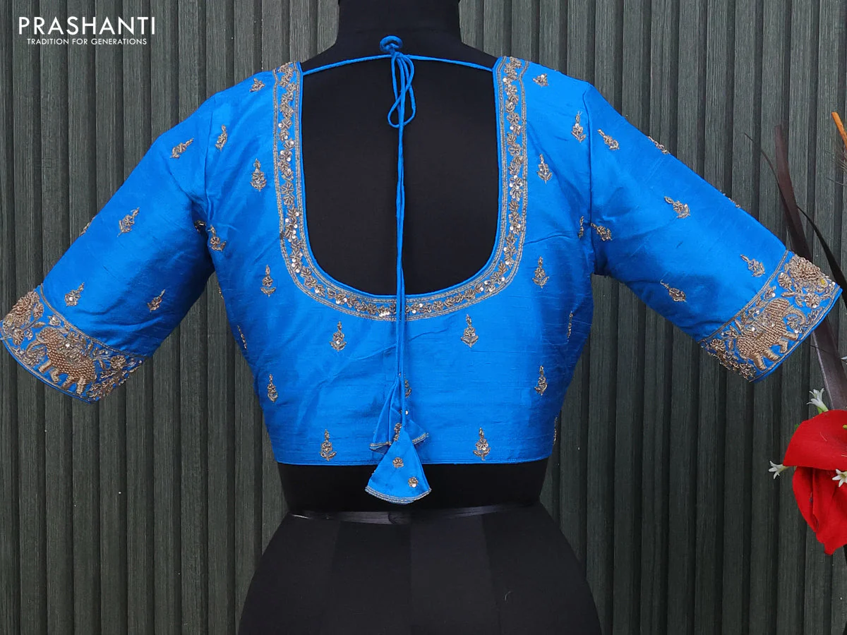 Raw silk readymade blouse cs blue with allover zardosi work and back knot - Image 2