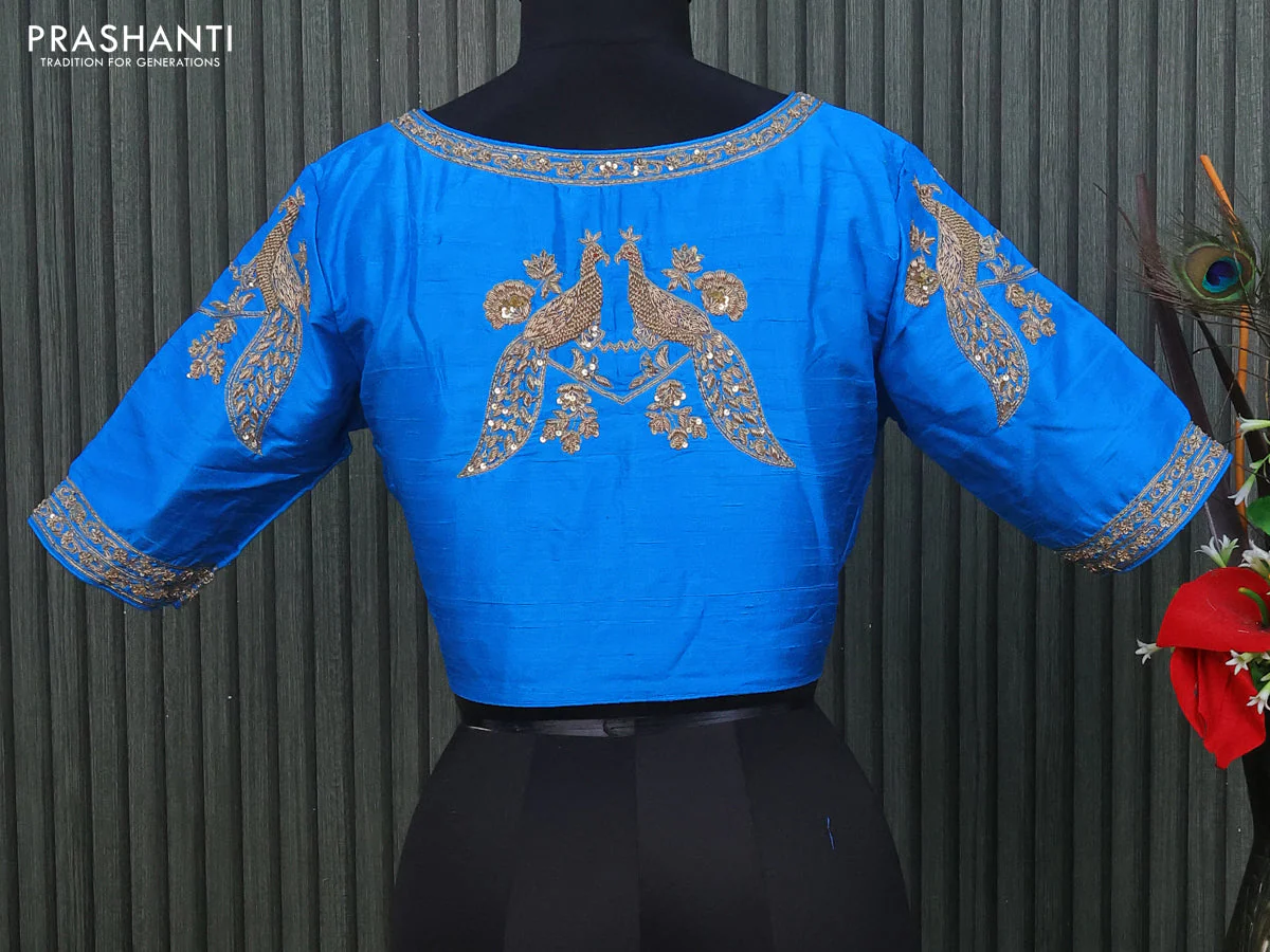 Raw silk readymade blouse cs blue with allover zardosi work - Image 2