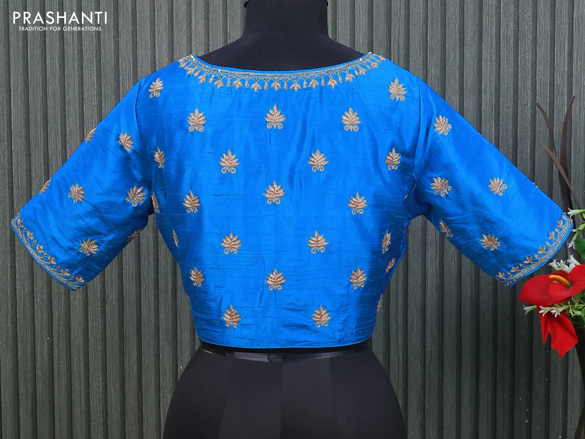 Raw silk readymade blouse cs blue with allover zardosi work - Image 2