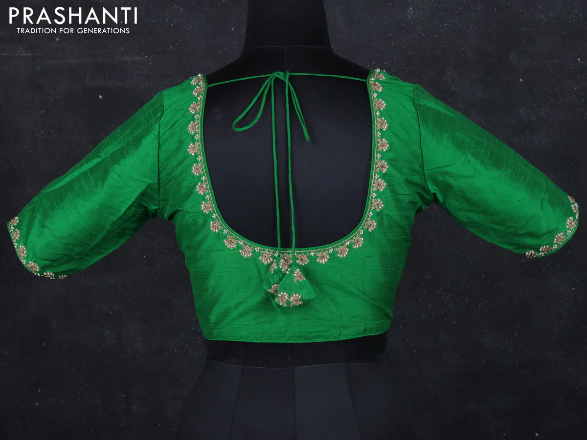 Raw silk readymade blouse green with aari work and back knot - Image 2
