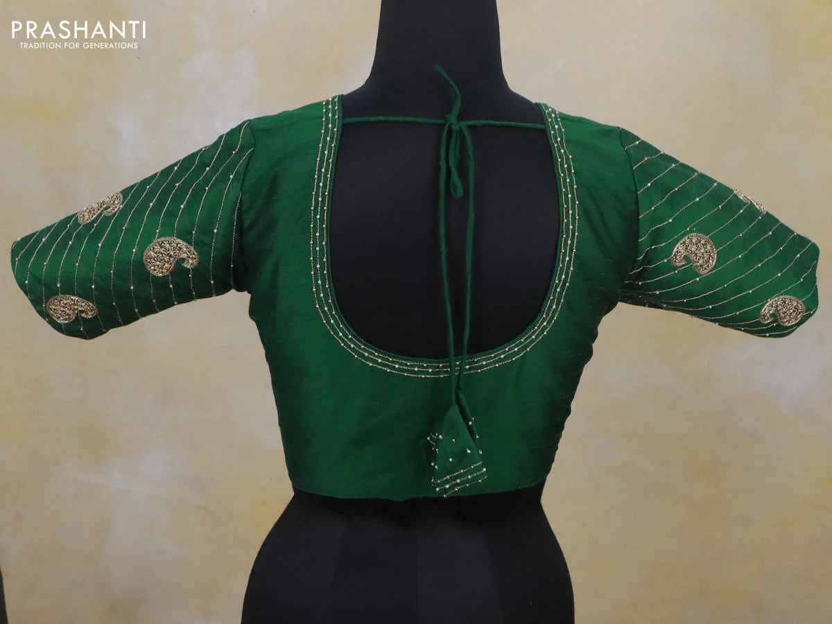 Raw silk readymade blouse green with simple aari work and back knot - Image 2