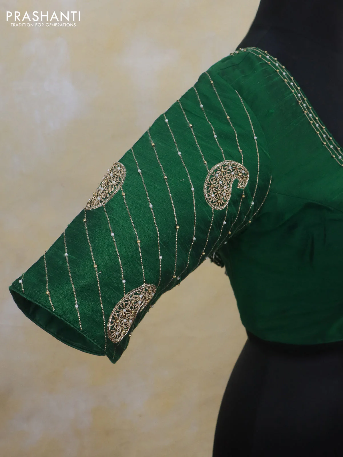 Raw silk readymade blouse green with simple aari work and back knot - Image 3