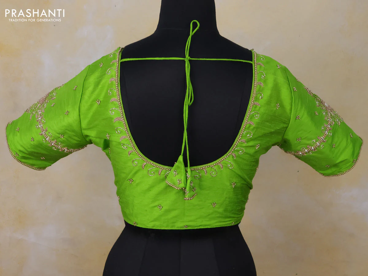Raw silk readymade blouse light green with zardosi work and back knot - Image 2