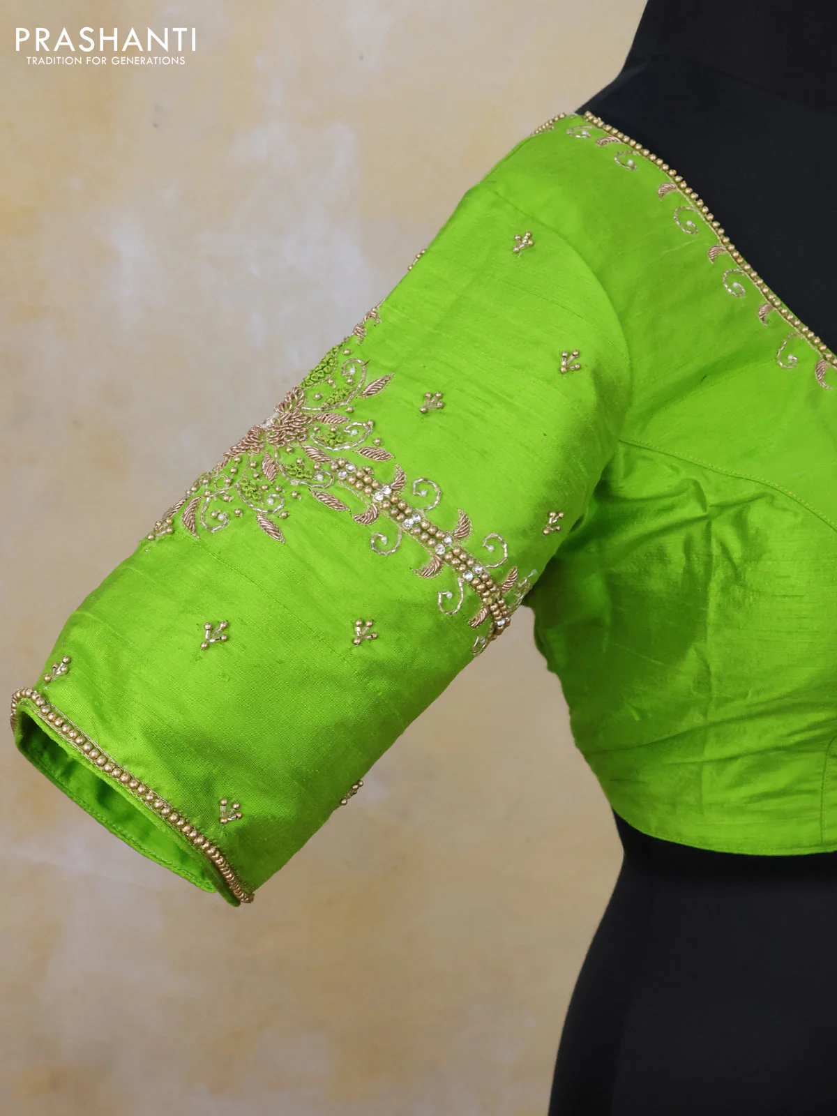 Raw silk readymade blouse light green with zardosi work and back knot - Image 3