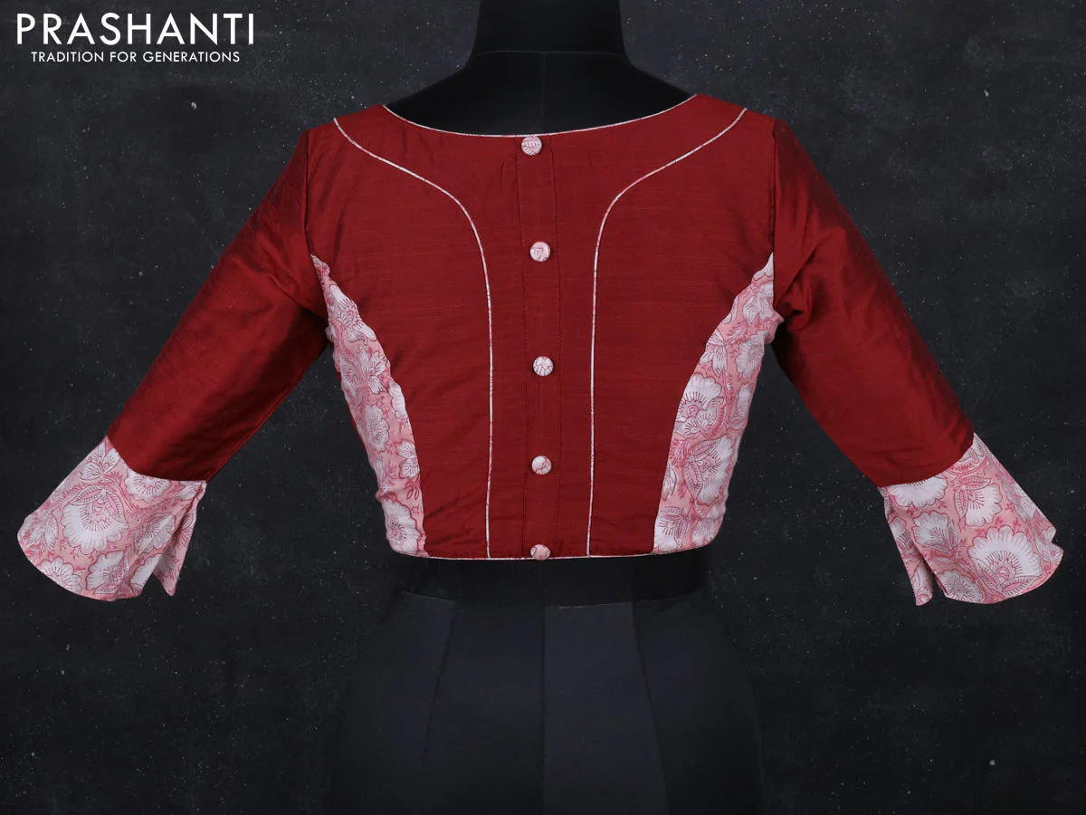 Raw silk readymade blouse maroon and peach with patch work neck pattern - Image 2