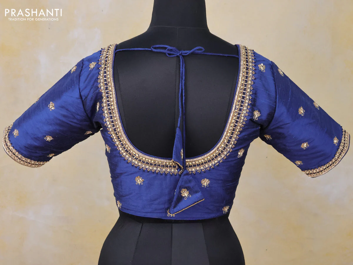 Raw silk readymade blouse navy blue with zardosi work and front hook pattern - Image 2