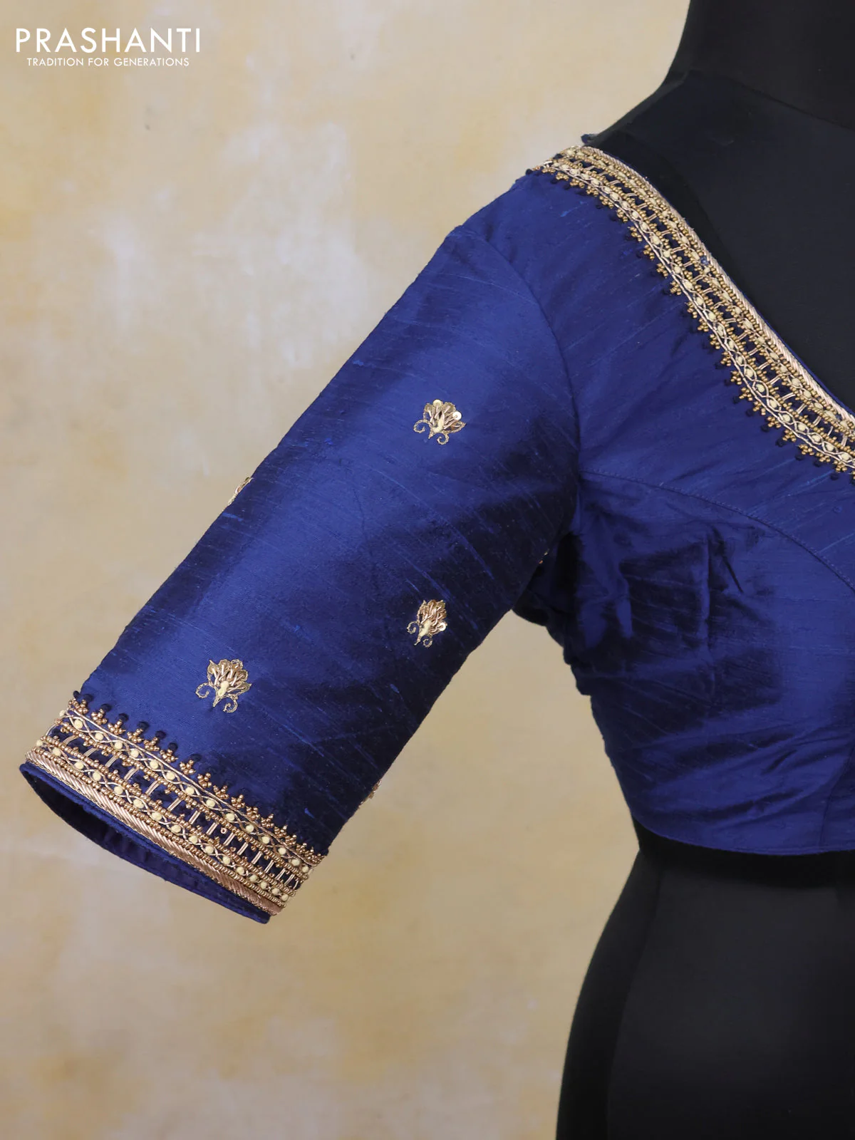 Raw silk readymade blouse navy blue with zardosi work and front hook pattern - Image 3