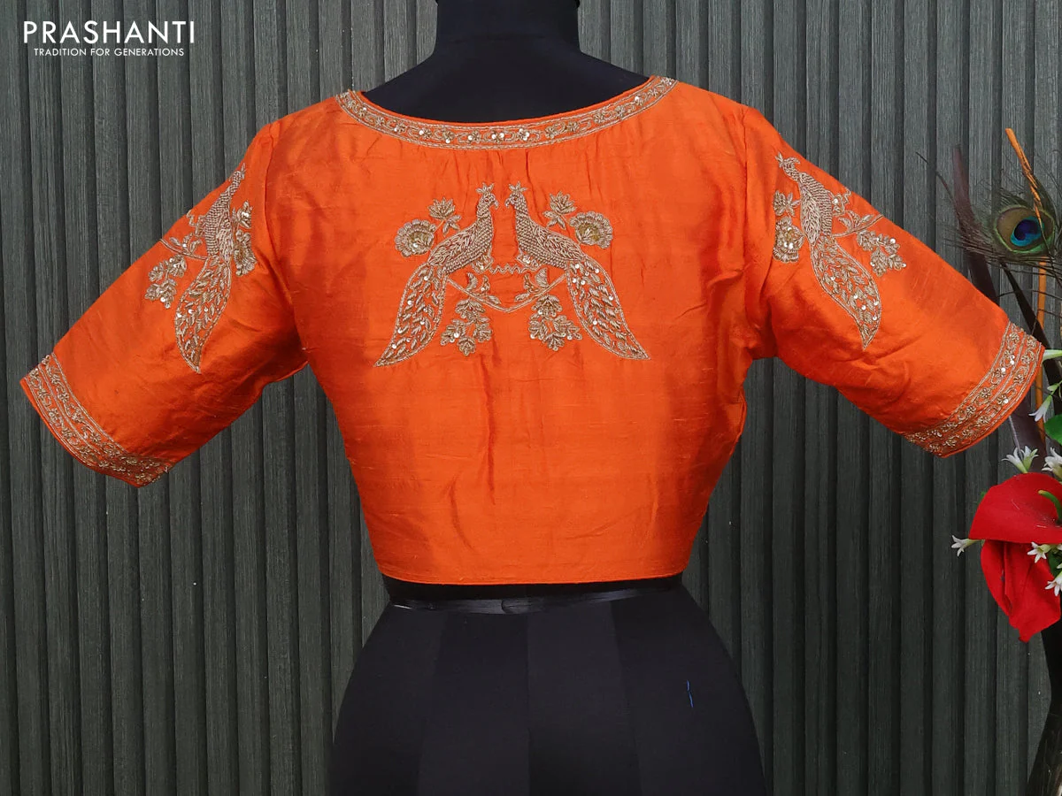 Raw silk readymade blouse orange with allover zardosi work - Image 2