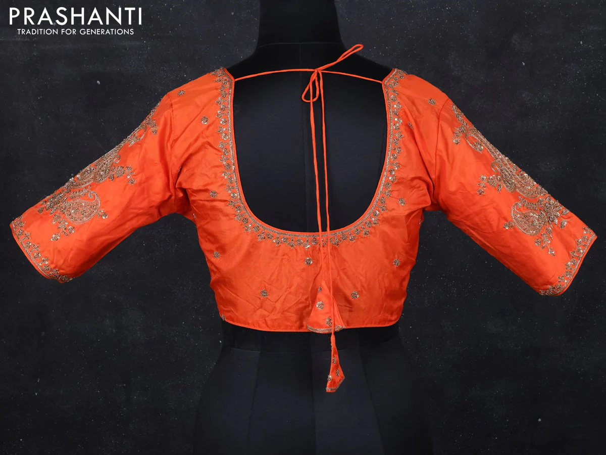 Raw silk readymade blouse orange with zardosi work - Image 2