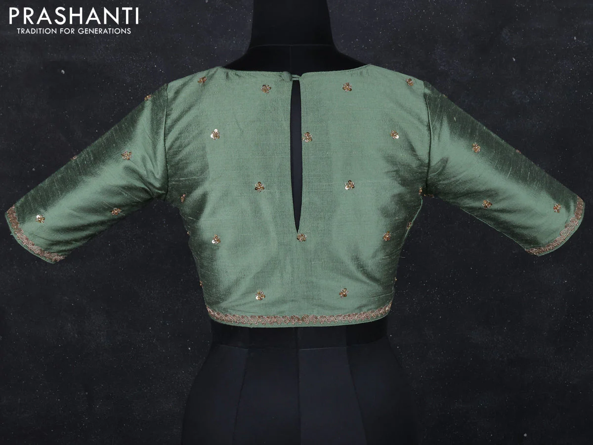 Raw silk readymade blouse pastel green with zardosi work - Image 2
