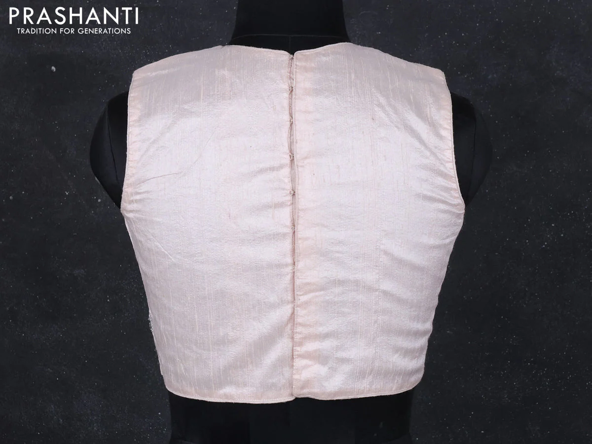 Raw silk readymade blouse pastel peach shade with aari work without sleeve - Image 2
