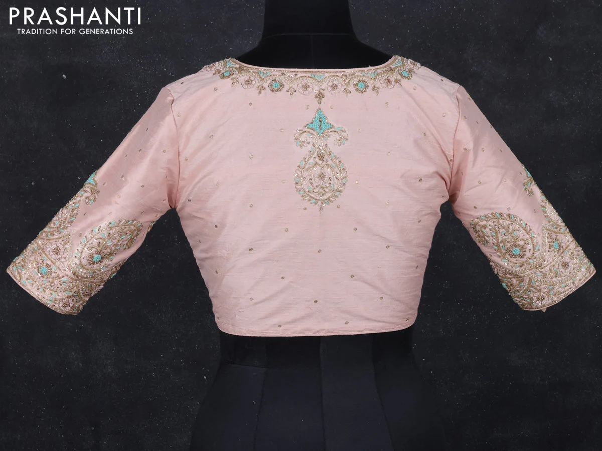 Raw silk readymade blouse pastel peach with aari work - Image 2