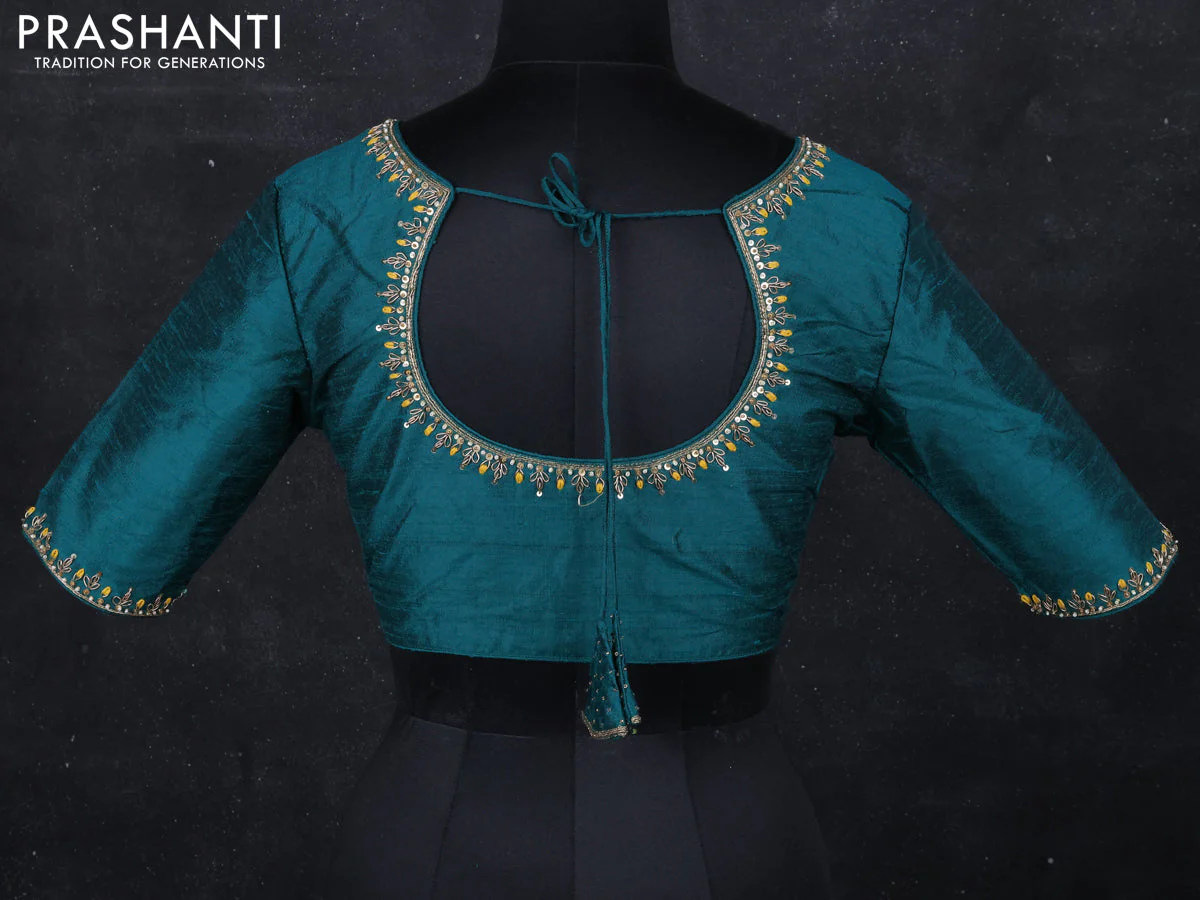 Raw silk readymade blouse peacock green with aari work and back knot - Image 2